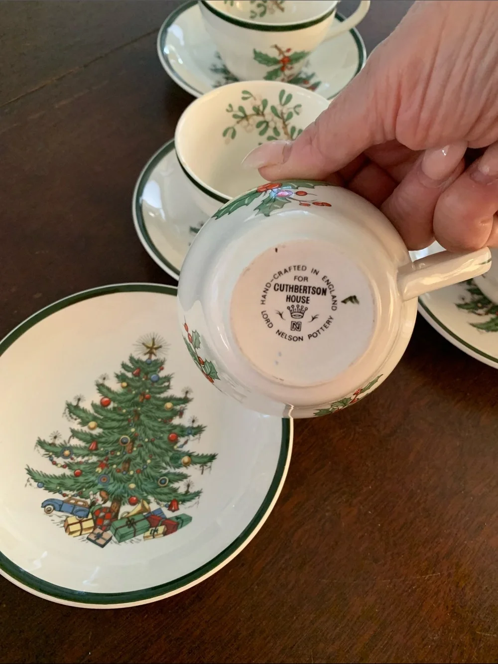 Cuthbertson Christmas Tree Teacup and Saucer Set - White with Green Trim -12